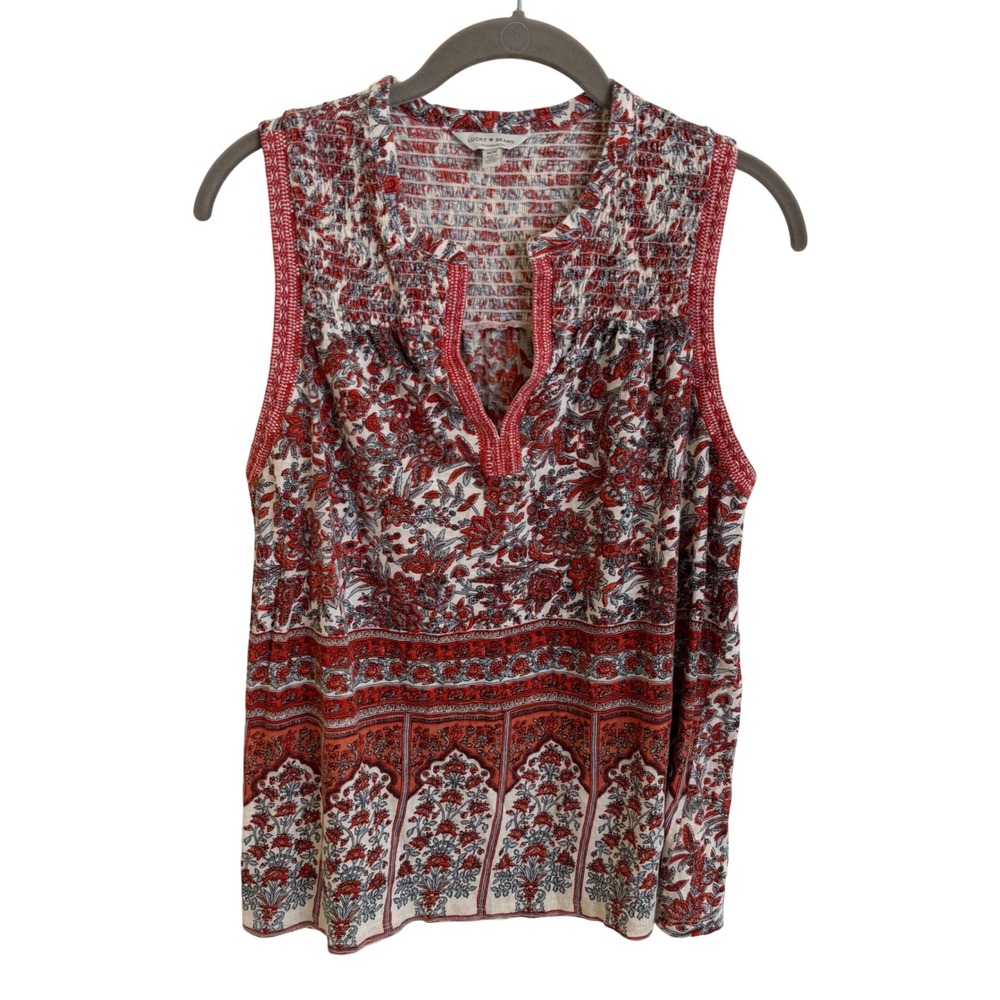 Lucky Brand Tank Top Floral‎ Paisley Smocked Split Neck Sleeveless Blouse Medium